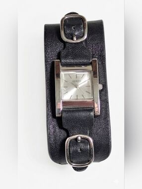 Vintage Guess Silver Tone Square Face Black Leather Cuff Watch